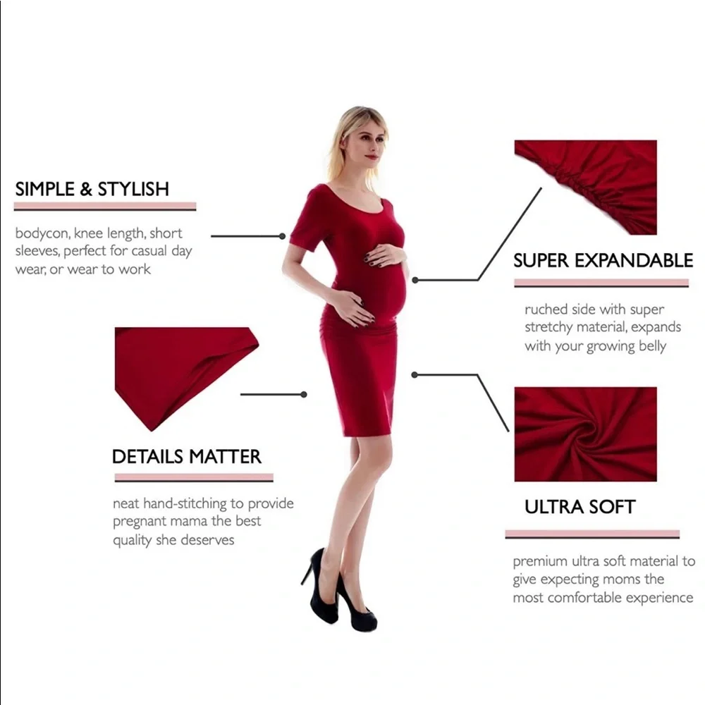 Maternity bodycon dress super expandable comfy red - Picture 2 of 8